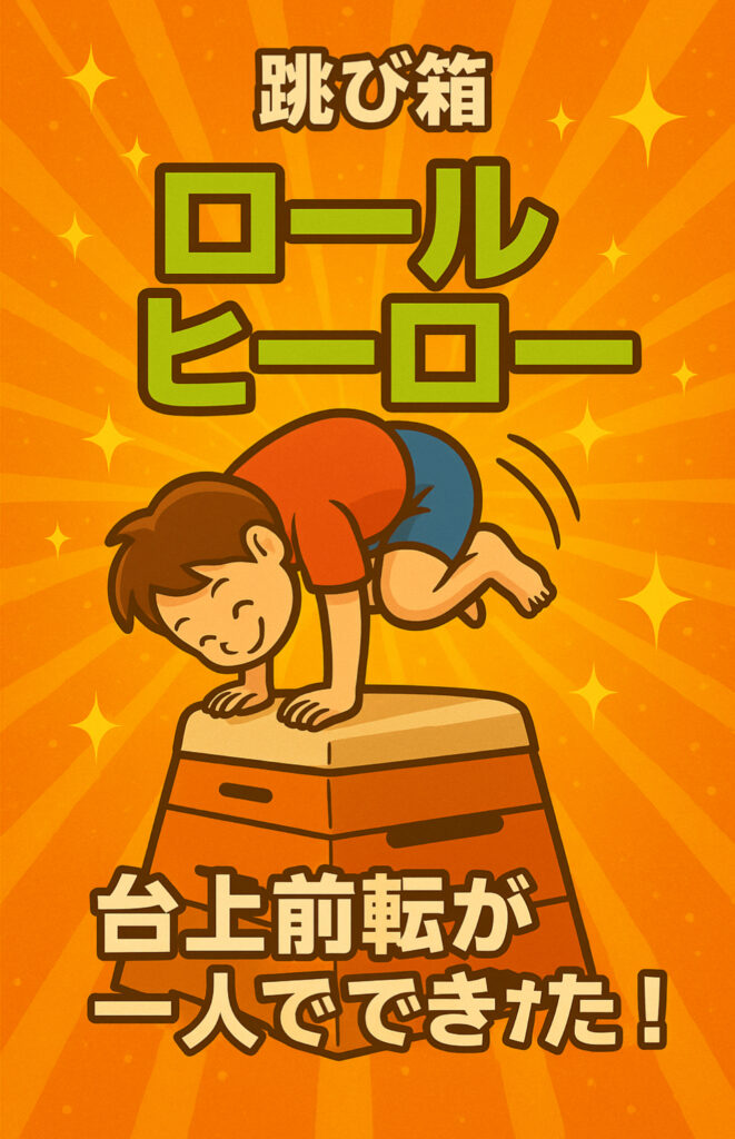 跳び箱で台上前転が一人でできた子に渡す「ロールヒーロー」の称号カード。達成感を実感できるスポーツレベルアップアカデミーのオリジナルカードです。