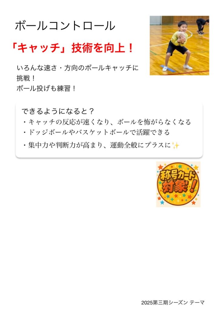 大久保先生のスポーツレベルアップアカデミー2025第三期シーズンの練習テーマ「ボールキャッチ」のテーマ表
