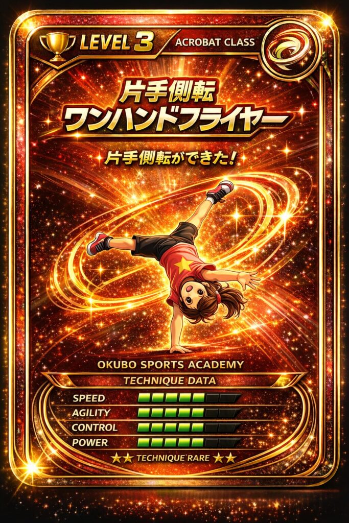 子供向け体操教室「大久保スポーツ教室」の片手側転(ワンハンドフライヤー)称号カード|幼児・小学生が運動神経を伸ばすアクロバット進級ステップ(大久保先生のスポーツレベルアップアカデミー)