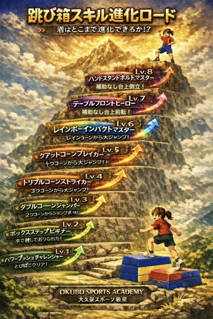 低い段の跳び箱を使い、距離を離してジャンプし前に突っ込む力と腕で押し出す力を育てる跳び箱スキル進化ロード