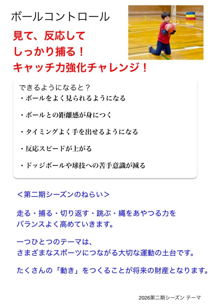 2026年度第二期シーズンのボールコントロールと全体のねらいを紹介したテーマ表