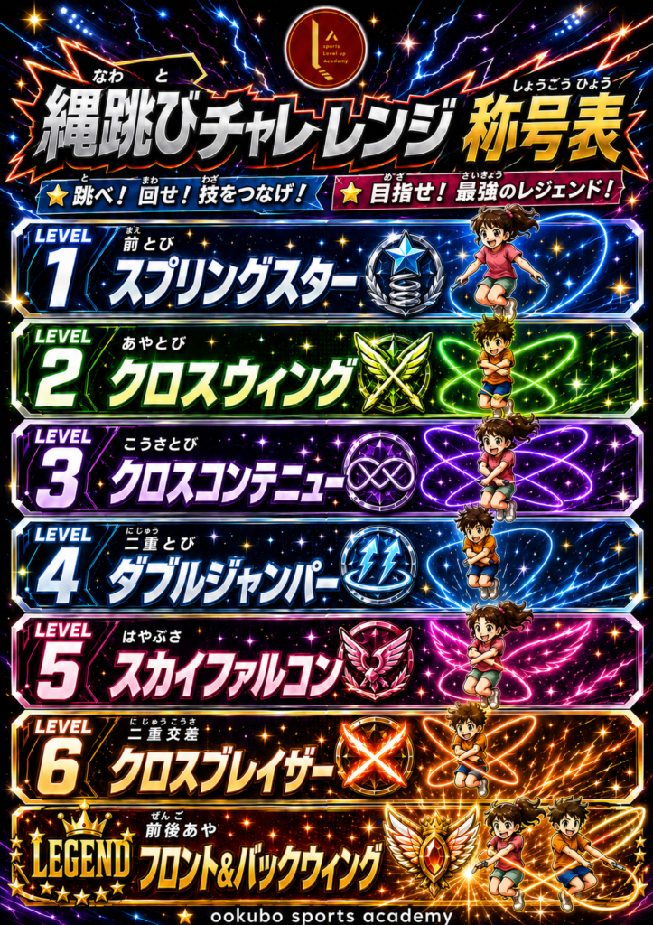 大久保先生のスポーツレベルアップアカデミー2026年10月〜12月(第三期シーズン)の「縄跳びチャレンジ」称号表